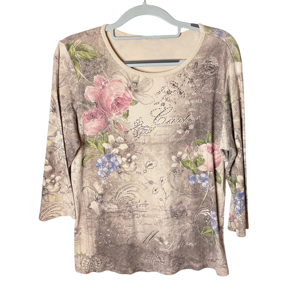 Christopher & Banks Rustic Euro Top Womens M Beige Floral Shabby Chic Cottage